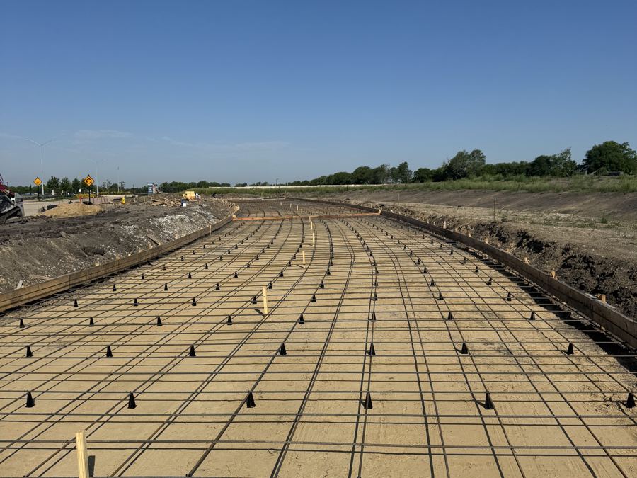 Long paving section with rebar set on chairs